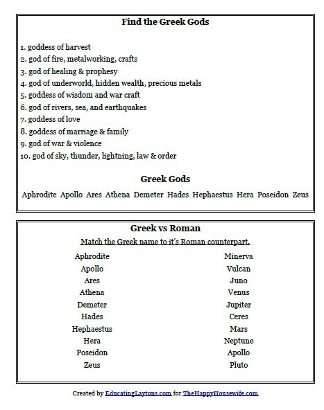 Greek Gods Worksheet: Free Printable Friday - The Happy Housewife ...