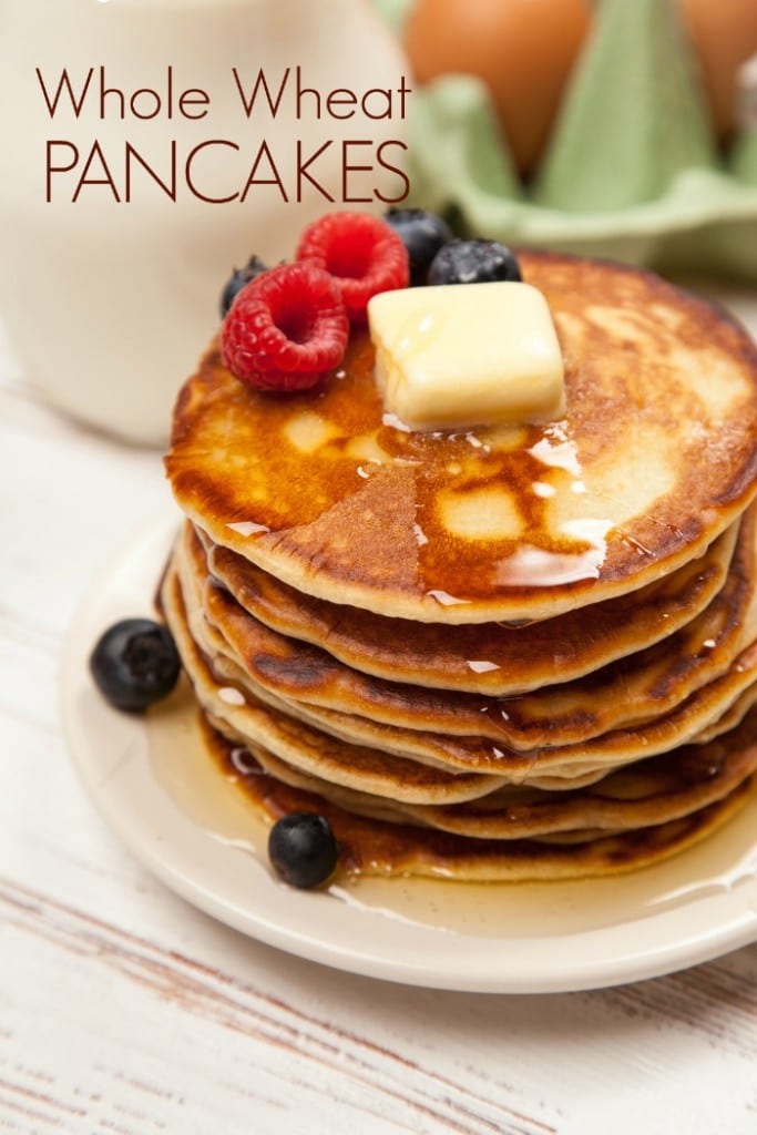 These fluffy whole wheat pancakes are better for you than the box mix and only take about 5 minutes to mix up. 