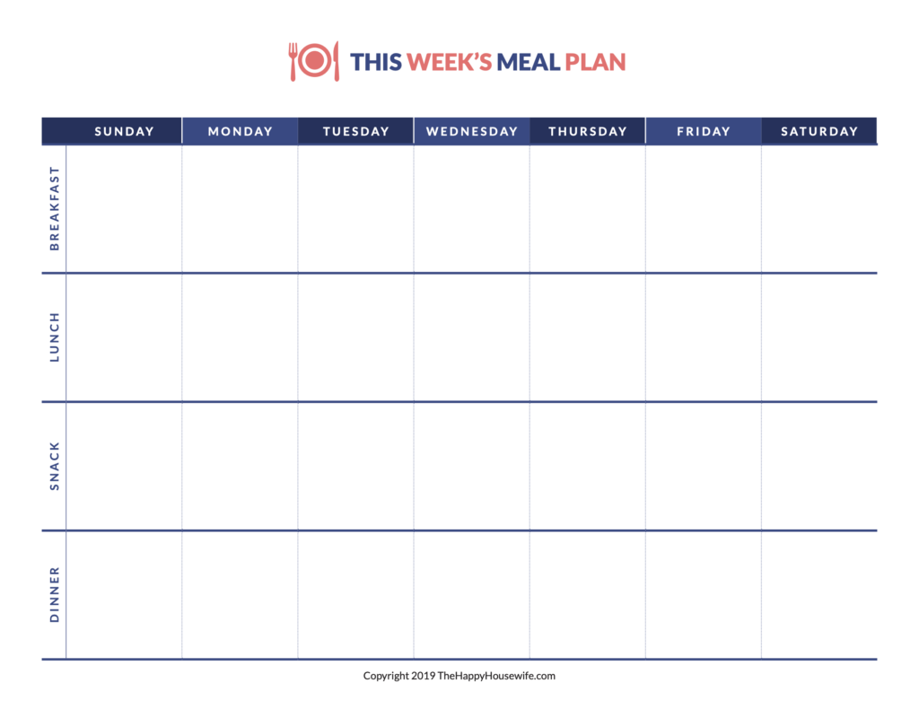 Weekly Meal Plan with Breakfast, Lunch, Dinner and Snacks - The Happy ...