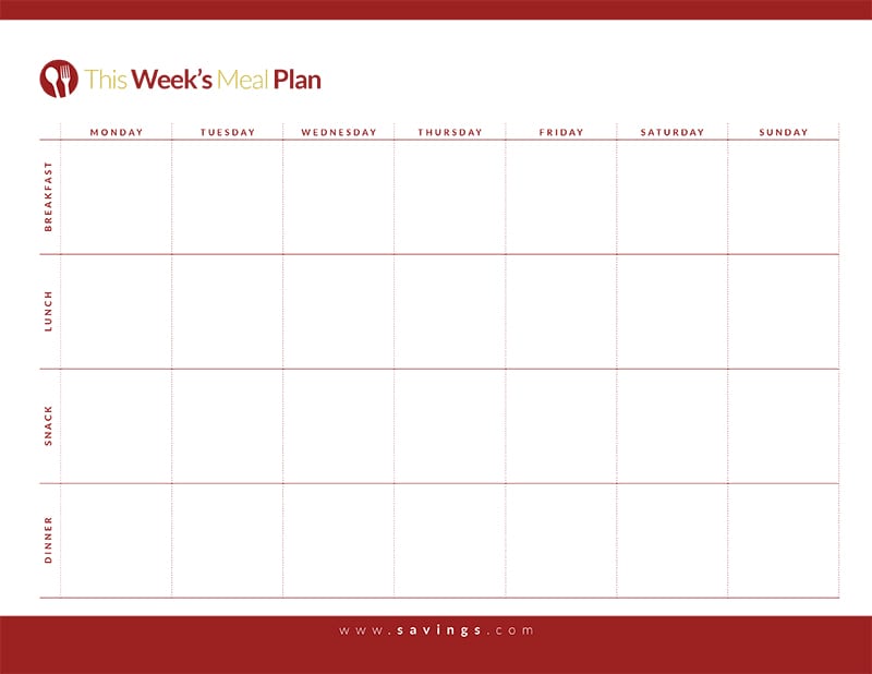 printable weekly meal planner template with snacks