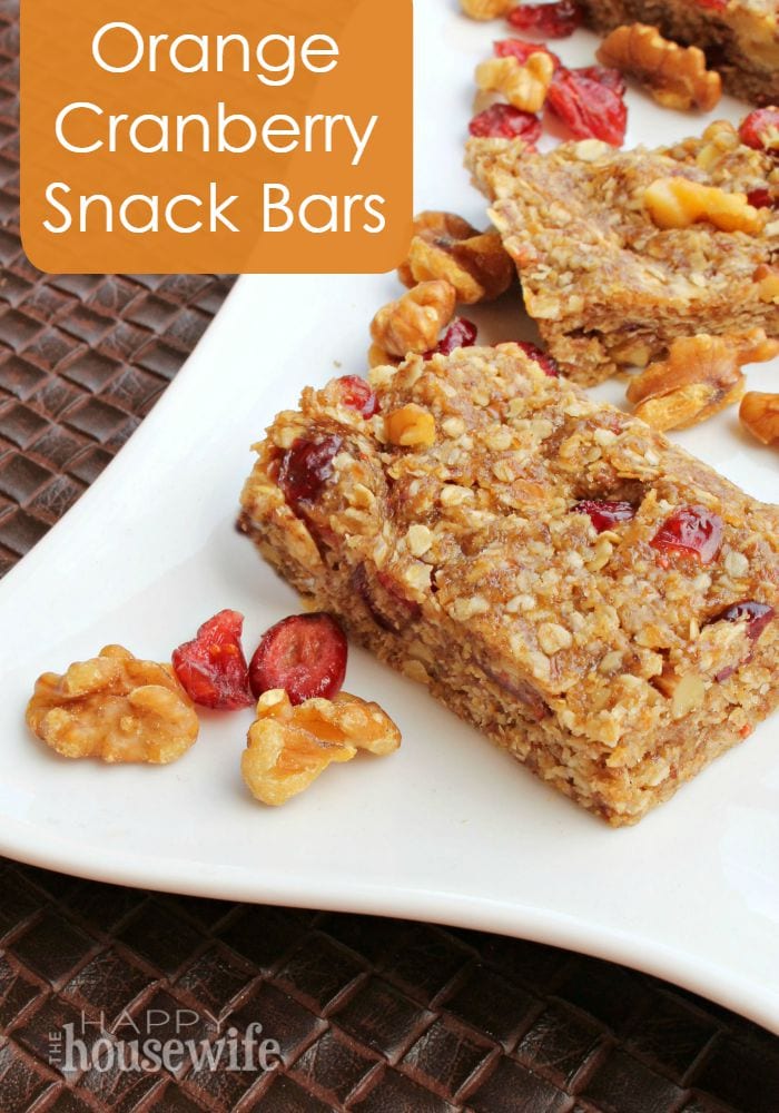 No-Bake Orange Cranberry Snack Bars - Great for on-the-go snacking to give your kids energy. They'll enjoy helping to make them too! Found at The Happy Housewife