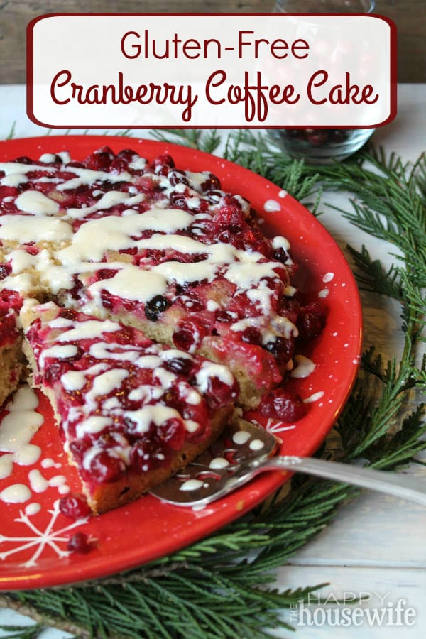 This Gluten-Free Upside Down Cranberry Coffee Cake is made with much less sugar than most recipes. It's a a fun breakfast cake for any holiday occasion. Found at The Happy Housewife