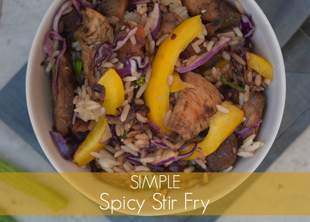 Red chili pepper flakes add spice to this flavorful and simple stir fry with chicken, peppers, onion, and cabbage.