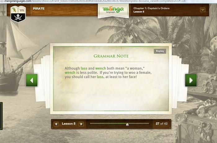Screenshot of a "Grammar Note" in Mango Languages Pirate course.